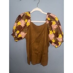 Cato Brown Knit Top Square Neck Puff‎ Sleeves Floral Crochet Accents Size XL